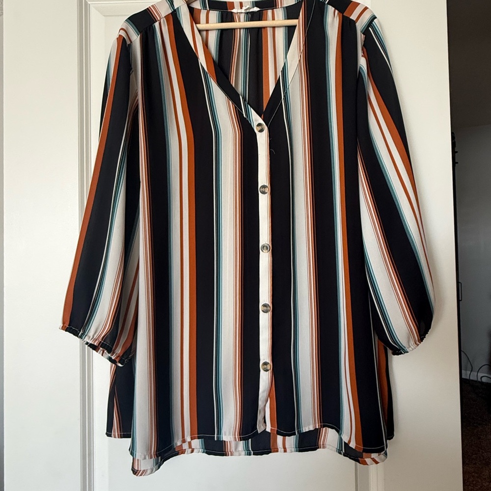 Striped V-Neck Button-Front Women's Top in Black, White & Rust